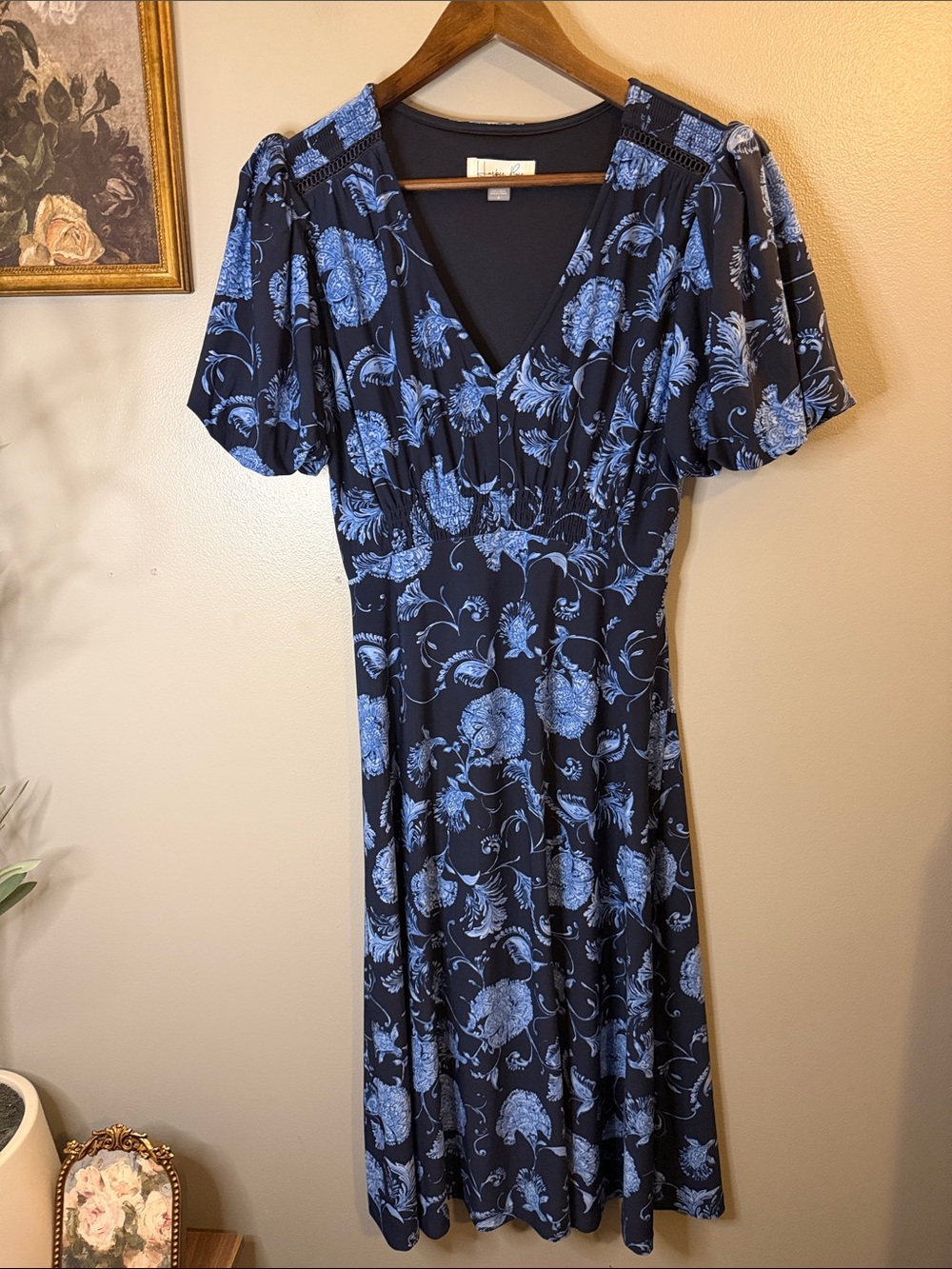 Harper Rose Blue Floral Midi Dress Size 4 Smocked Waist Puff Sleeve - Picture 7 of 9